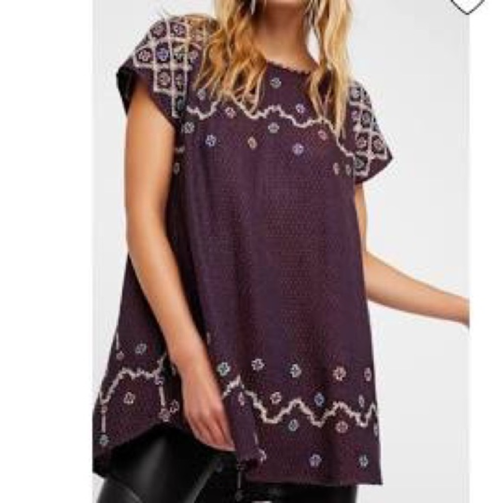 Free People Orange & Blue Beaded Embroidered Top